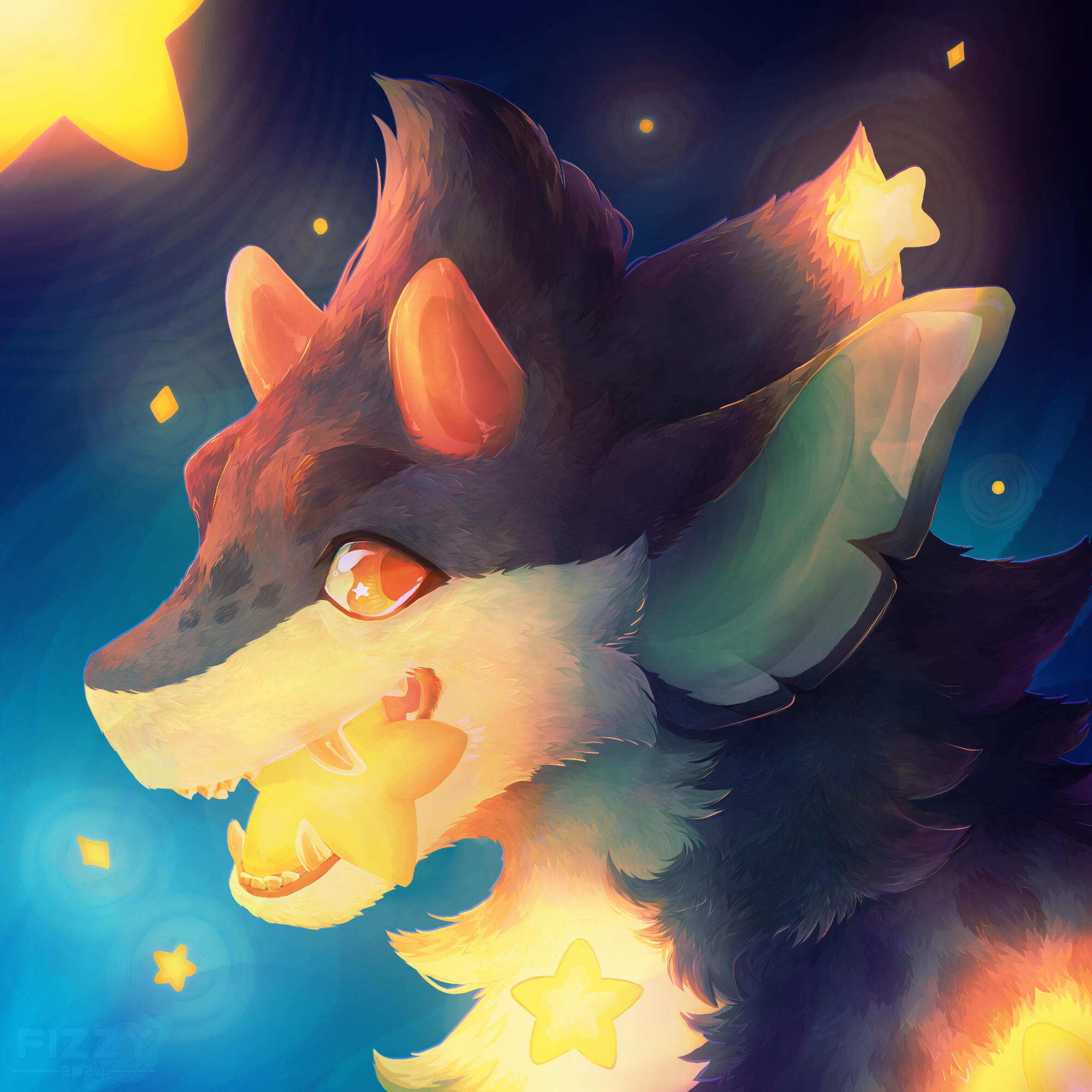 A digitally painted portrait of Fizzy with a star in her mouth.